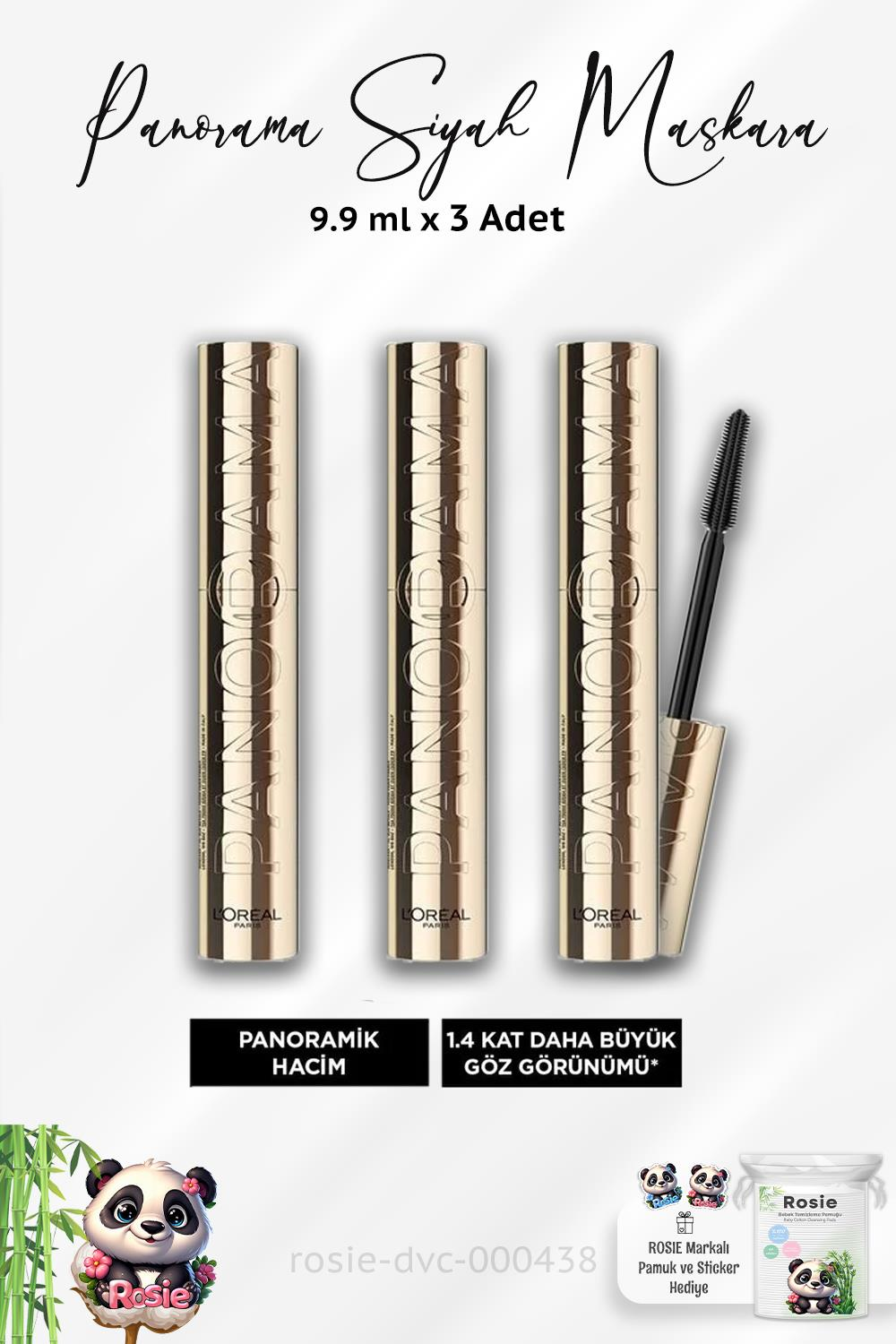 3 Adet Loreal Paris Panorama Siyah Maskara ve ROSIE Pamuk
