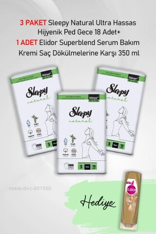 Sleepy Natural Hijyenik Ped Gece 18 Adet X3 ve Hediye Elidor Saç Dökülme Karşıtı 350 ml