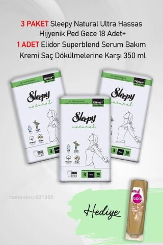 Sleepy Natural Hijyenik Ped Gece 18 Adet X3 ve Hediye Elidor Saç Dökülme Karşıtı 350 ml