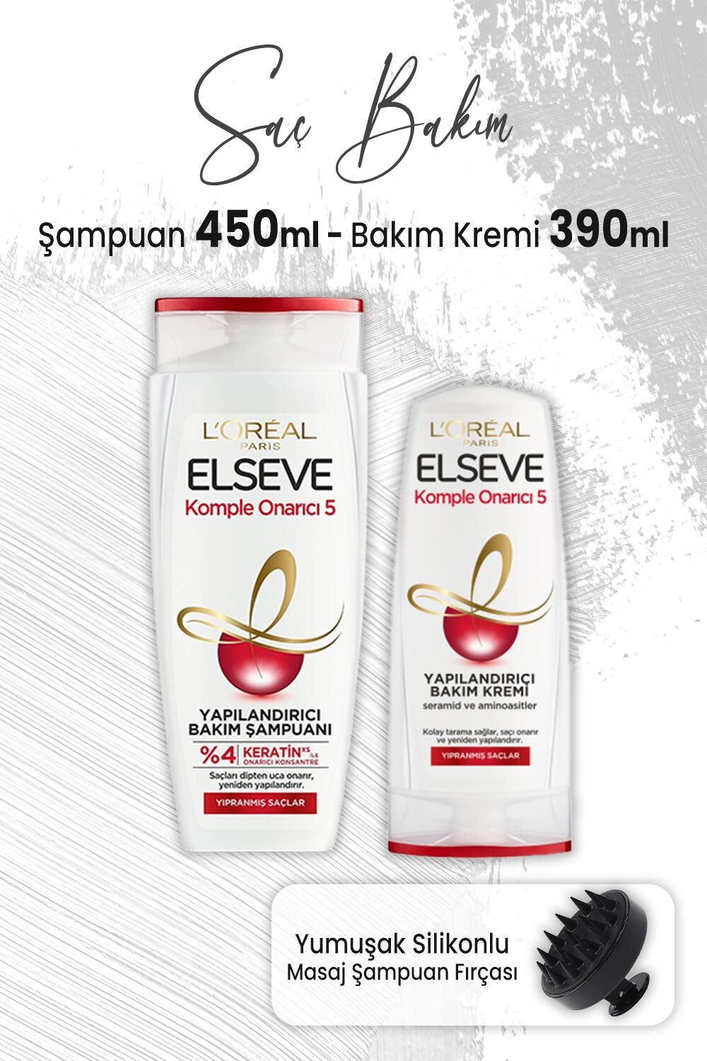 Elseve Komple Onarıcı 5 Şampuan 450 ml, Bakım Kremi 390 ml ve Masaj Şampuan Fırçası Siyah
