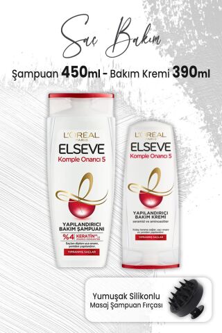 Elseve Komple Onarıcı 5 Şampuan 450 ml, Bakım Kremi 390 ml ve Masaj Şampuan Fırçası Siyah