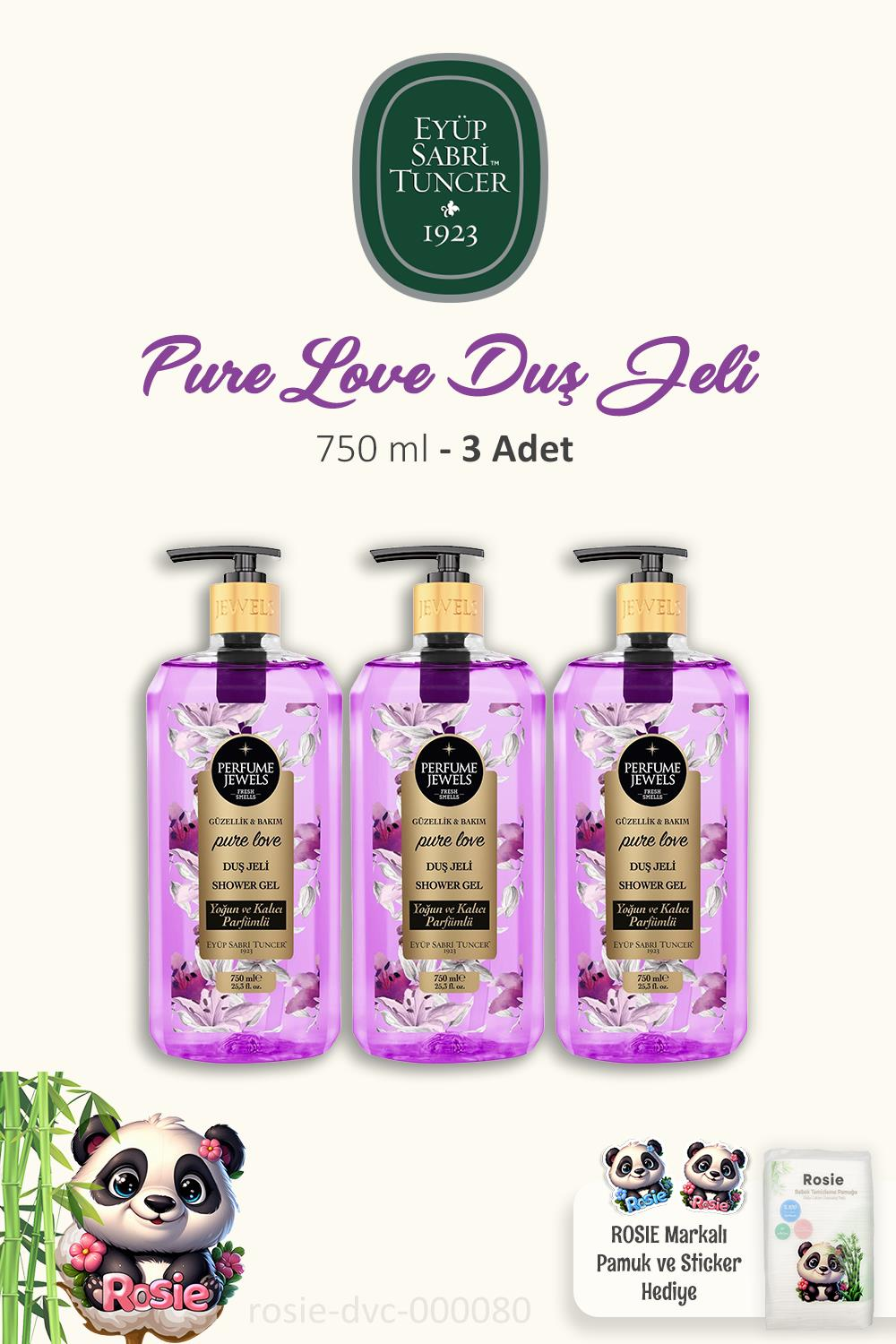 3 Adet Eyüp Sabri Tuncer Pure Love Duş Jeli 750 ml ve 60'lı Doğal Pamuk ROSIE