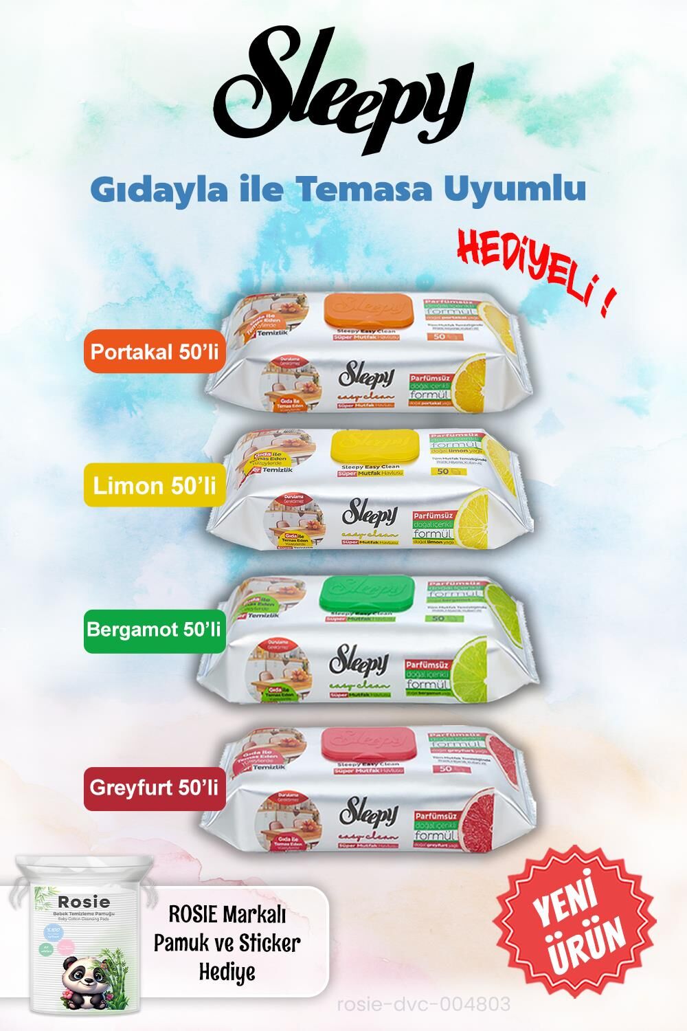 Sleepy 4'lü Mutfak Havluları Tanışma Paketi Gıda ile Temasa Uygun ve ROSIE