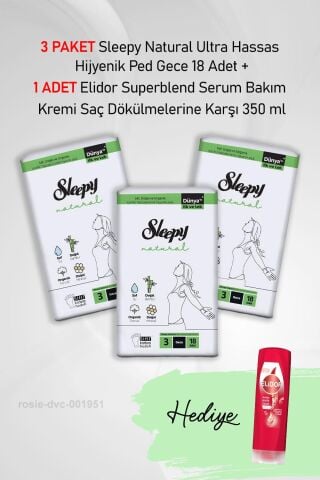 Sleepy Natural Hijyenik Ped Gece 18 Adet  X 3 ve Hediye Elidor Keratin Terapisi 350 ml