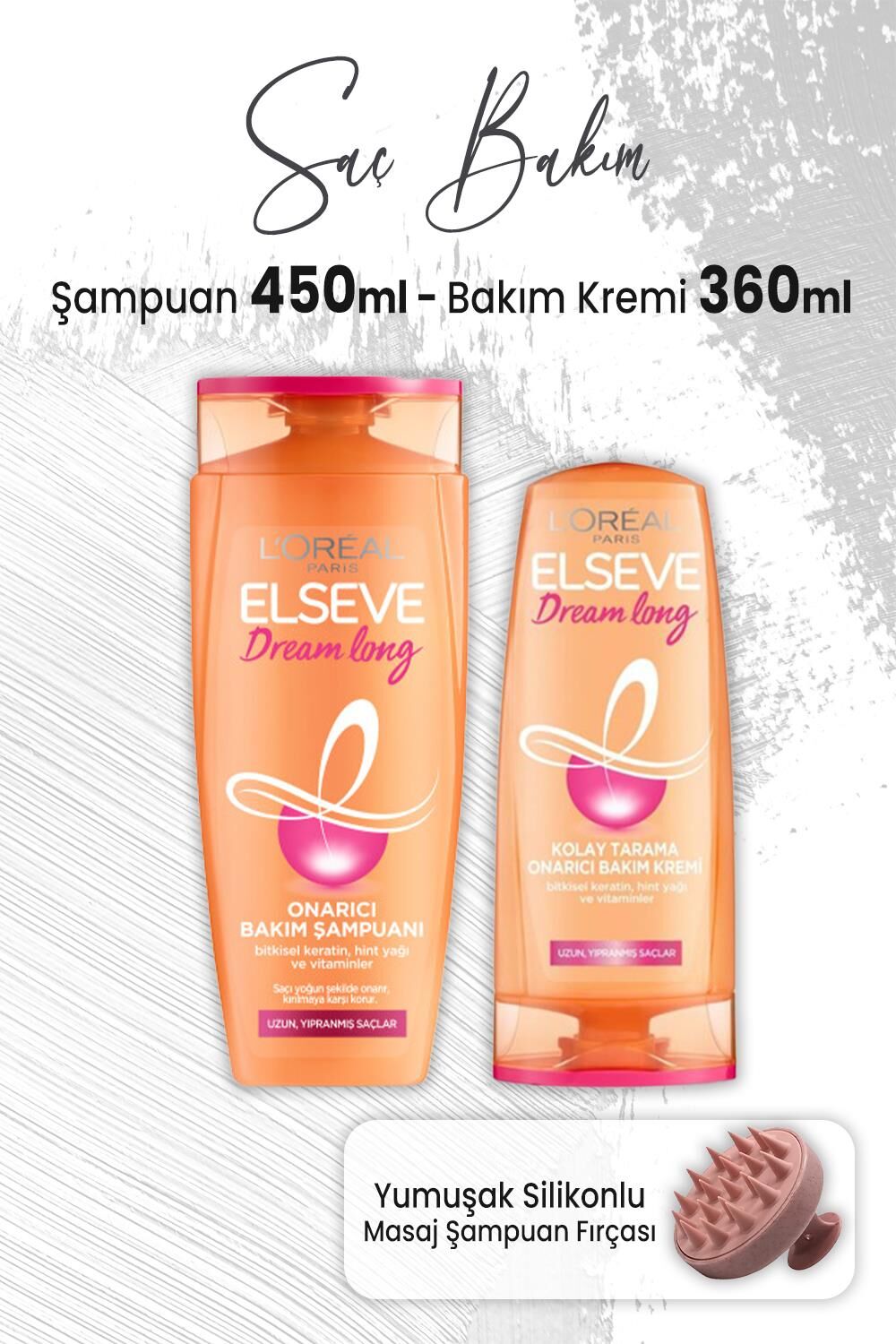 Elseve Dream Long Onarıcı Şampuan 450 ml, Bakım Kremi 390 ml ve Masaj Şampuan Fırçası Pembe