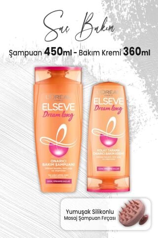 Elseve Dream Long Onarıcı Şampuan 450 ml, Bakım Kremi 390 ml ve Masaj Şampuan Fırçası Pembe