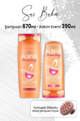 Elseve Dream Long Onarıcı Şampuan 670 ml, Bakım Kremi 390 ml ve Masaj Şampuan Fırçası Pembe