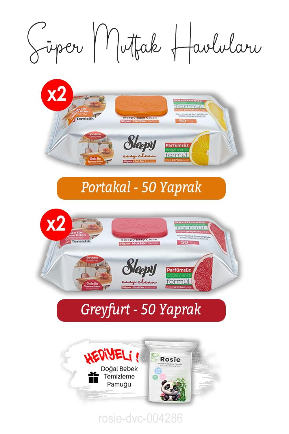 Sleepy 50'li Portakal (x2) ve Greyfurt (x2) Süper Mutfak Havlusu ve ROSIE