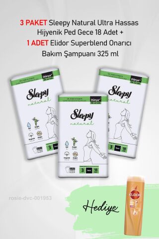 Sleepy Natural Hijyenik Ped Gece 18 Adet  X3 ve Hediye Elidor Onarıcı Bakım 325 ml