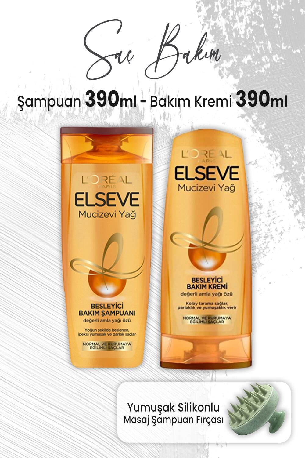 Elseve Mucizevi Yağ Şampuan Amla Yağı 390 ml, Bakım Kremi 390 ml ve Masaj Şampuan Fırçası Yeşil