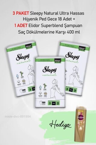 Sleepy Natural Hijyenik Ped Gece 18 Adet X 3 ve Hediye Elidor Saç Dökülme Karşıtı 400 ml