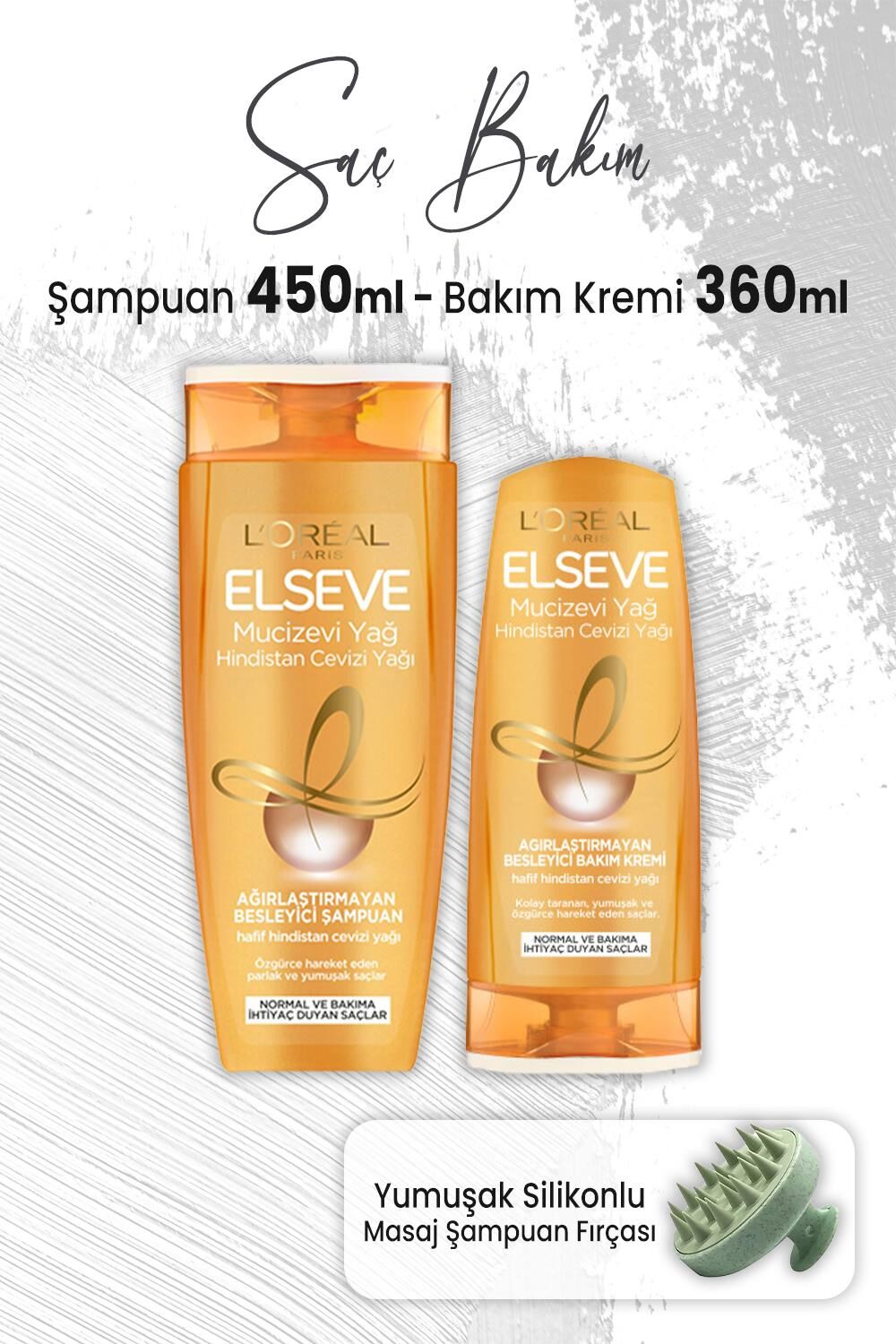 Elseve Mucizevi Hindistan Cevizi Yağı Şampuan 450 ml, Bakım Kremi 360 ml ve Masaj Şampuan Fırçası Yeşil