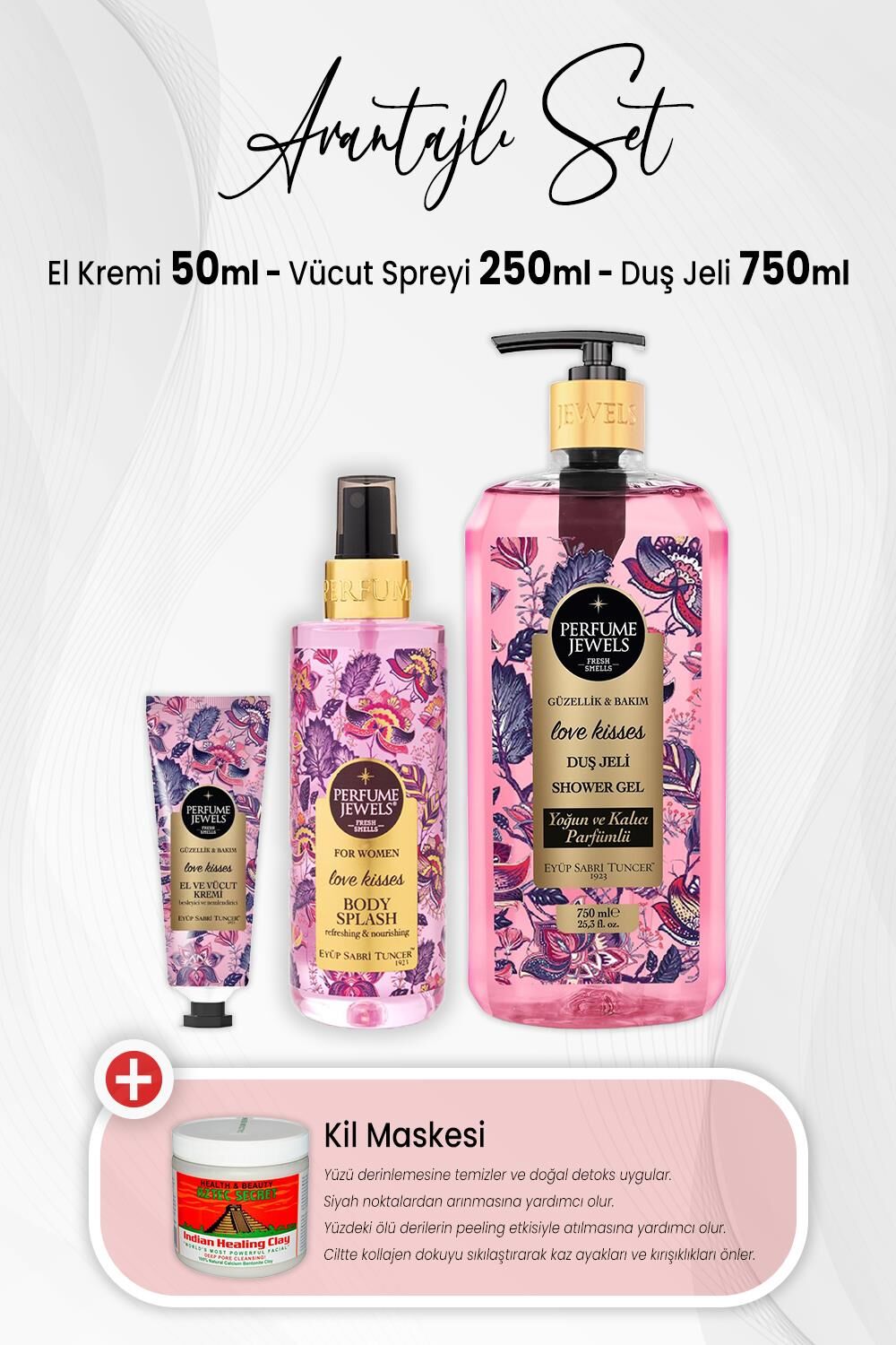 Eyüp Sabri Tuncer Love Kisses Krem 50 ml, Body Splash 250 ml, Duş Jeli 750 ml ve Kil Maskesi
