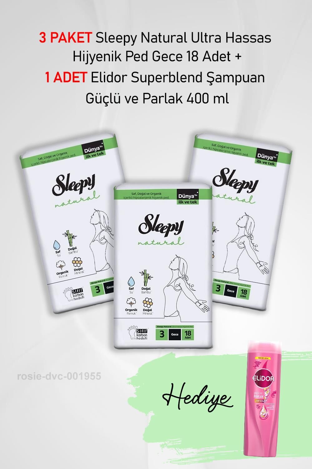 Sleepy Natural Hijyenik Ped Gece 18 Adet X 3 ve Hediye Elidor Güçlü ve Parlak 400 ml