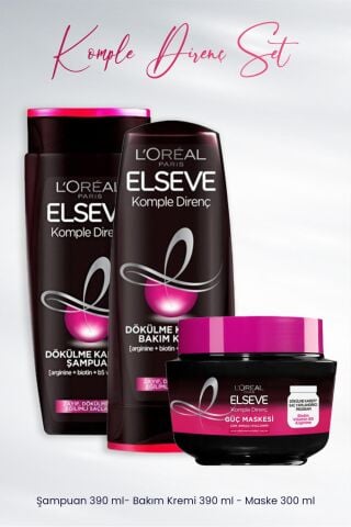 Elseve Komple Direnç Dökülme Karşıtı Şampuan 390 ml, Bakım Kremi 390 ml ve Güç Maskesi 300 ml