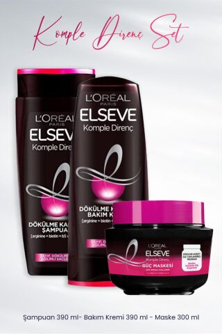 Elseve Komple Direnç Dökülme Karşıtı Şampuan 390 ml, Bakım Kremi 390 ml ve Güç Maskesi 300 ml