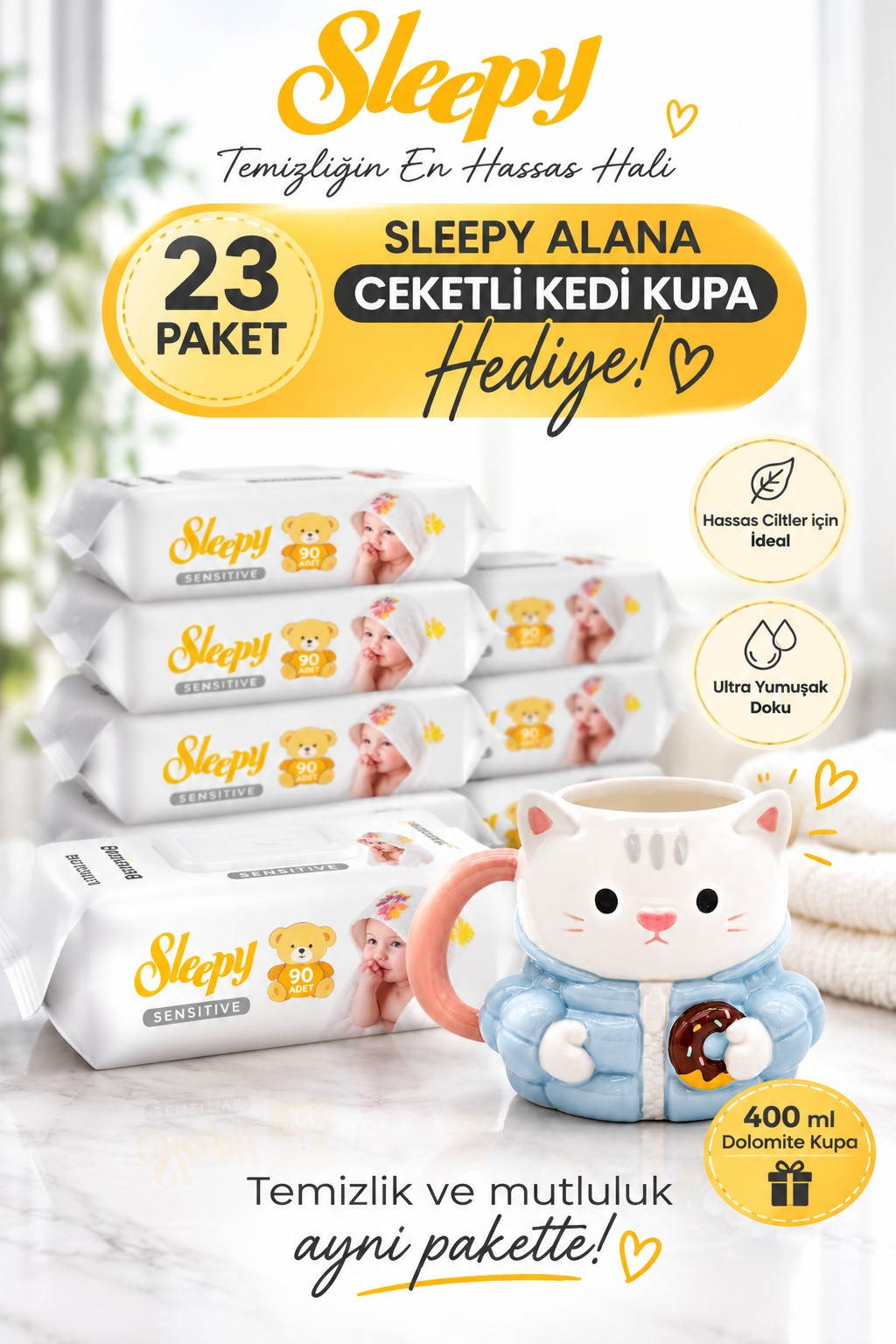 Sleepy Sensitive Islak Mendil 90’lı x 23 Paket + Rosie Ceketli Kedi Kupa Hediyeli