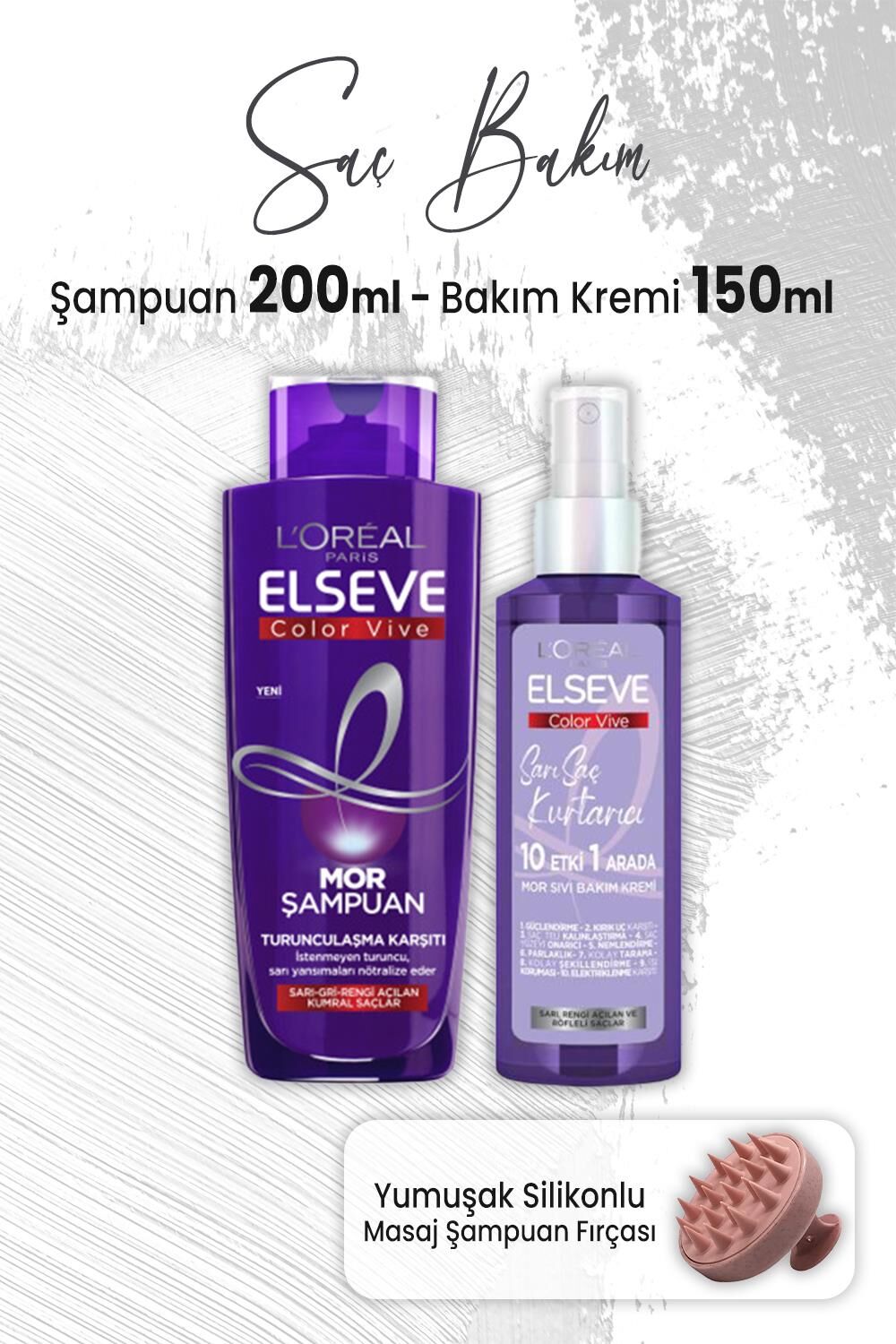Elseve Color Vive Mor Şampuan 200 ml, Krem 150 ml ve Masaj Şampuan Fırçası Pembe