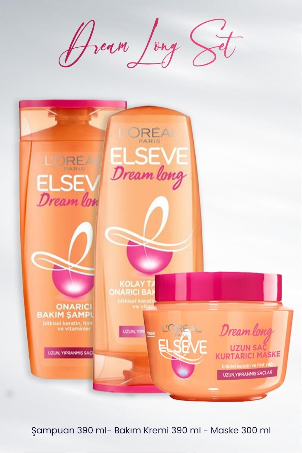 Elseve Dream Long Onarıcı Bakım Şampuanı 390 ml, Bakım Kremi 390 ml ve Maske 300 ml