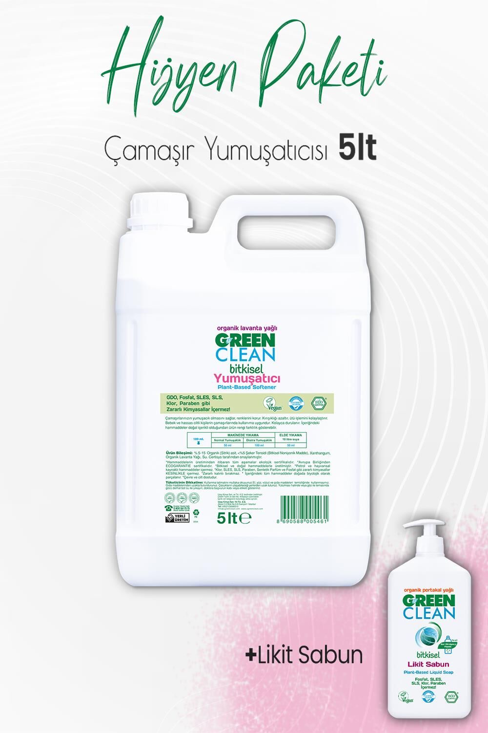 Green Clean Bitkisel Likit Sabun Portakal 500 ml ve Çamaşır Yumuşatıcı 5 lt