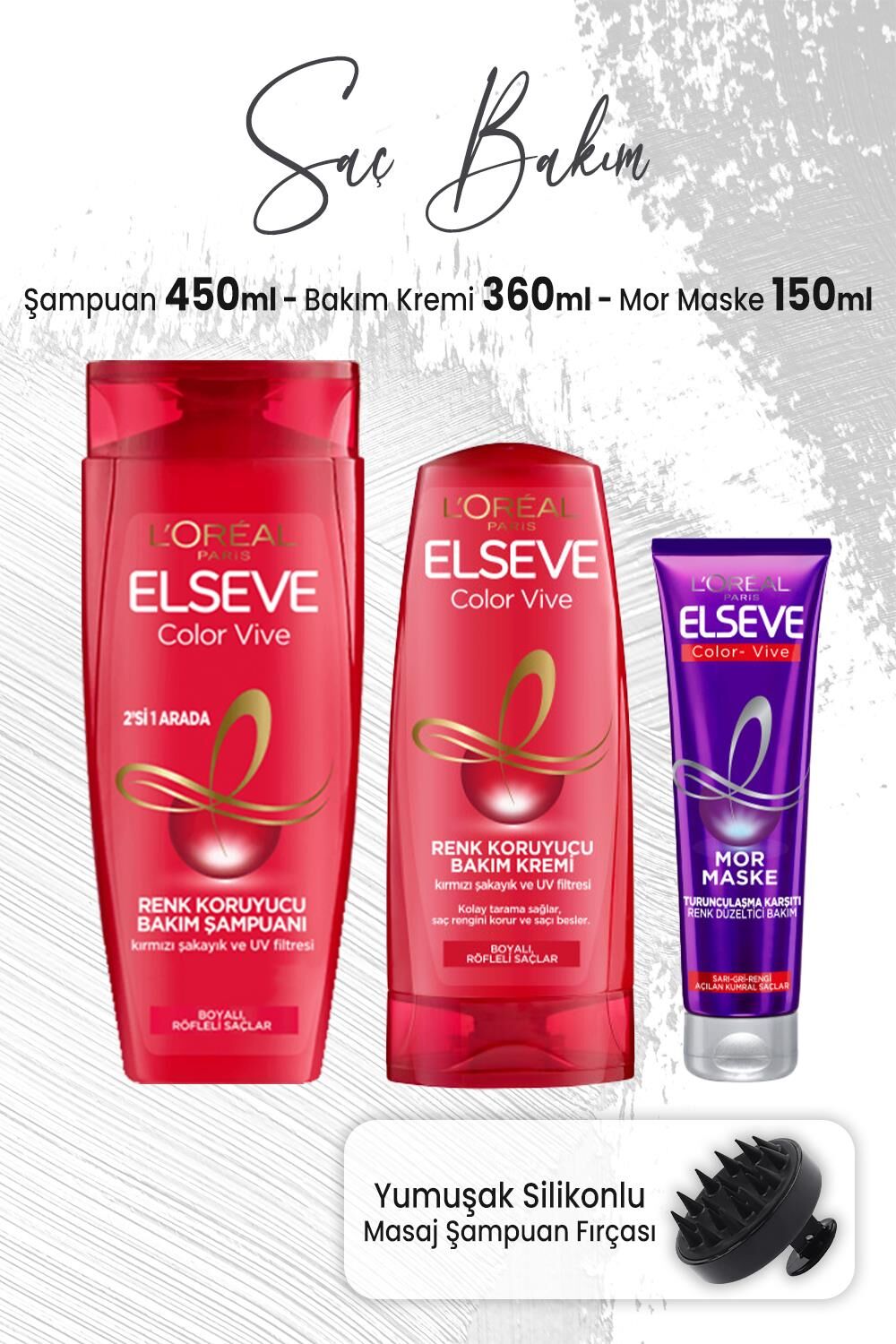 Elseve Color Vive Renk Koruyucu Şampuan 2si1 450 ml, Krem 360 ml, Mor Maske 150 ml ve Masaj Şampuan Fırçası Siyah