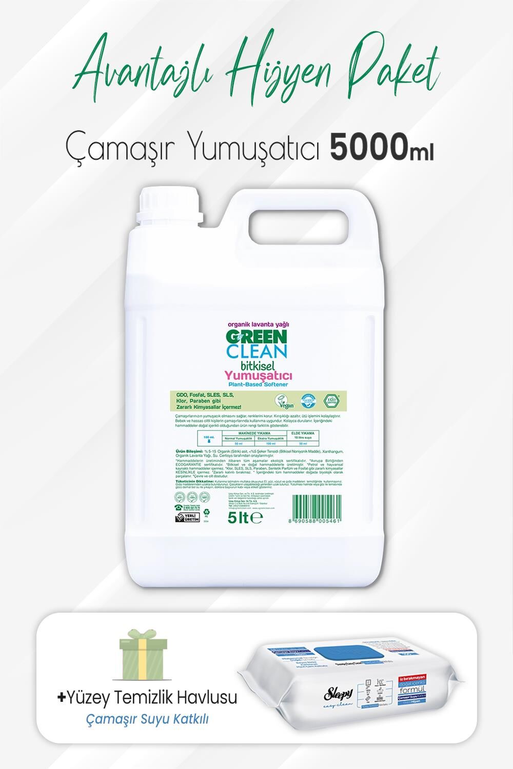 Green Clean Yumuşatıcı 5 lt ve Çamaşır Sulu Yüzey 100' lü