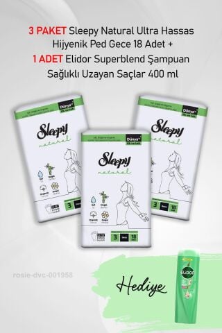 Sleepy Natural Hijyenik Ped Gece 18 Adet X 3 ve Hediye Elidor 400 ml