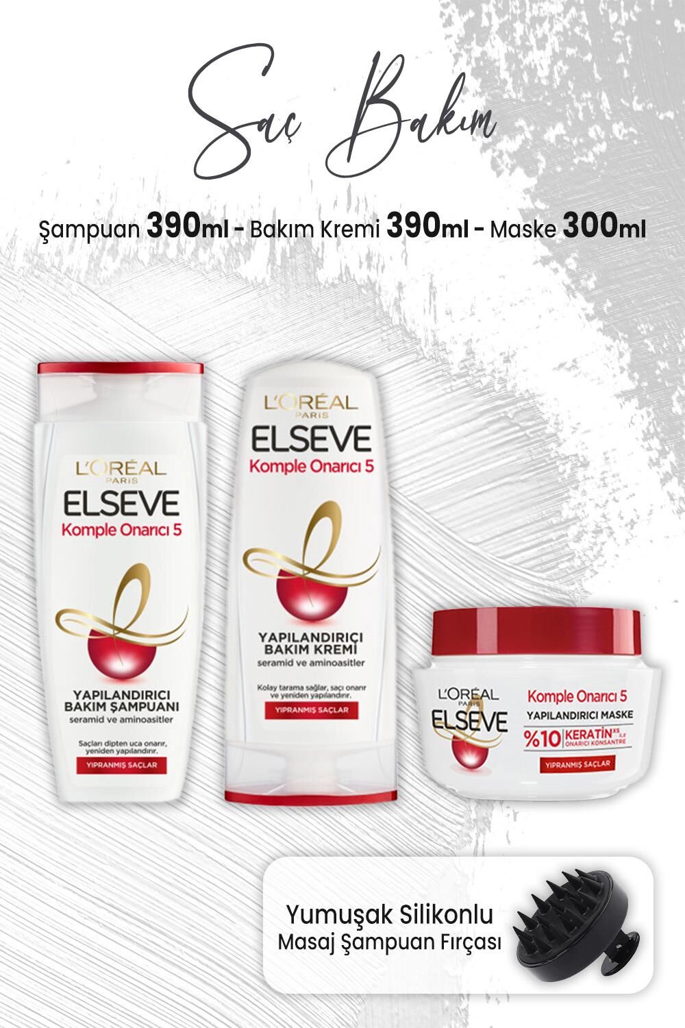 Elseve Komple Onarıcı 5 Şampuan 390 ml, Krem 390 ml, Maske 300 ml ve Masaj Şampuan Fırçası Siyah