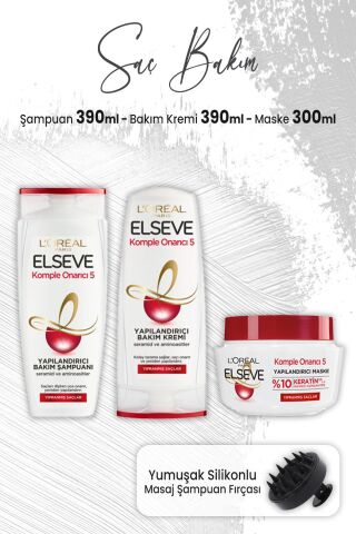 Elseve Komple Onarıcı 5 Şampuan 390 ml, Krem 390 ml, Maske 300 ml ve Masaj Şampuan Fırçası Siyah