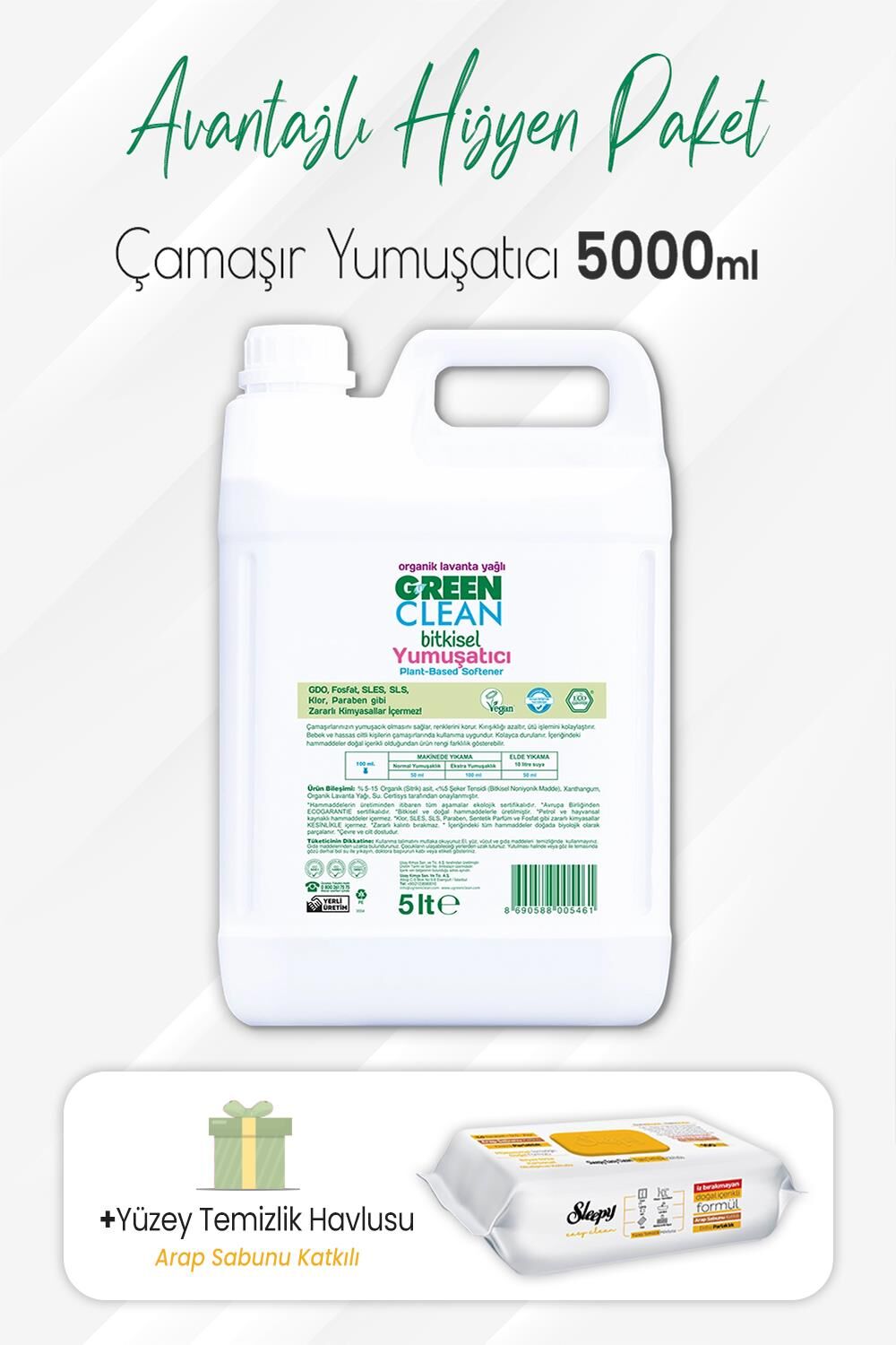 Green Clean Çamaşır Yumuşatıcı 5 lt ve Arap Sabunlu Yüzey Temizlik 100' lü