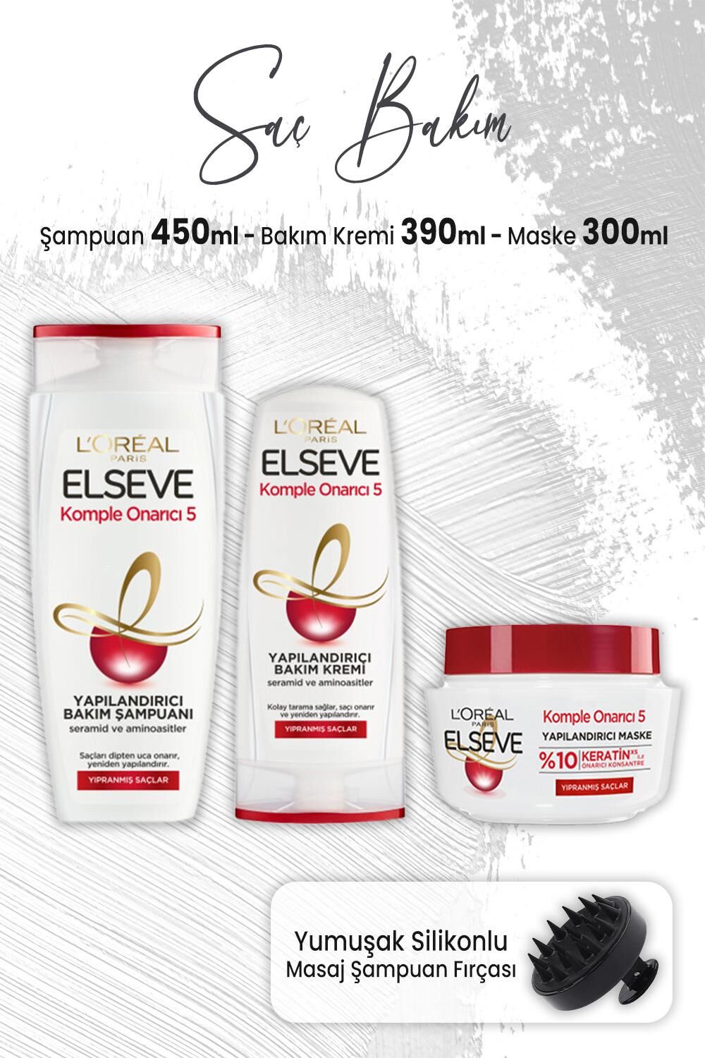 Elseve Komple Onarıcı 5 Şampuan 450 ml, Krem 390 ml, Maske 300 ml ve Masaj Şampuan Fırçası Siyah