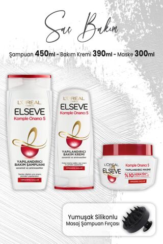 Elseve Komple Onarıcı 5 Şampuan 450 ml, Krem 390 ml, Maske 300 ml ve Masaj Şampuan Fırçası Siyah