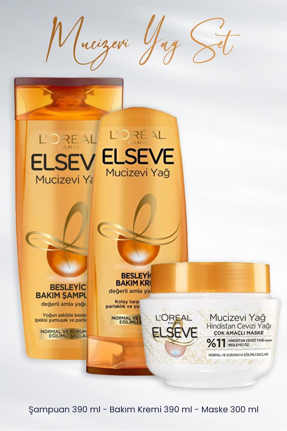 Elseve Mucizevi Yağ Amla Yağı Şampuan ve Krem 390 ml ve Banyo Öncesi Maske Hindistan Cevizi 300 ml