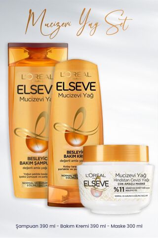 Elseve Mucizevi Yağ Amla Yağı Şampuan ve Krem 390 ml ve Banyo Öncesi Maske Hindistan Cevizi 300 ml