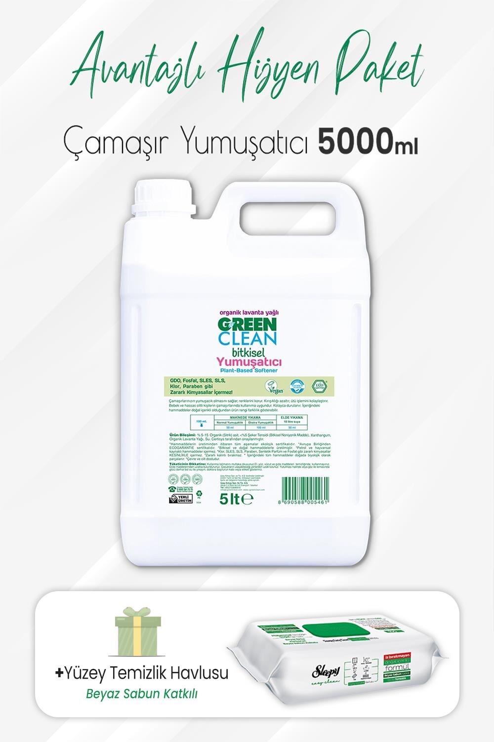 Green Clean Bitkisel Çamaşır Yumuşatıcı 5 lt ve Easy Clean Yüzey 100' lü