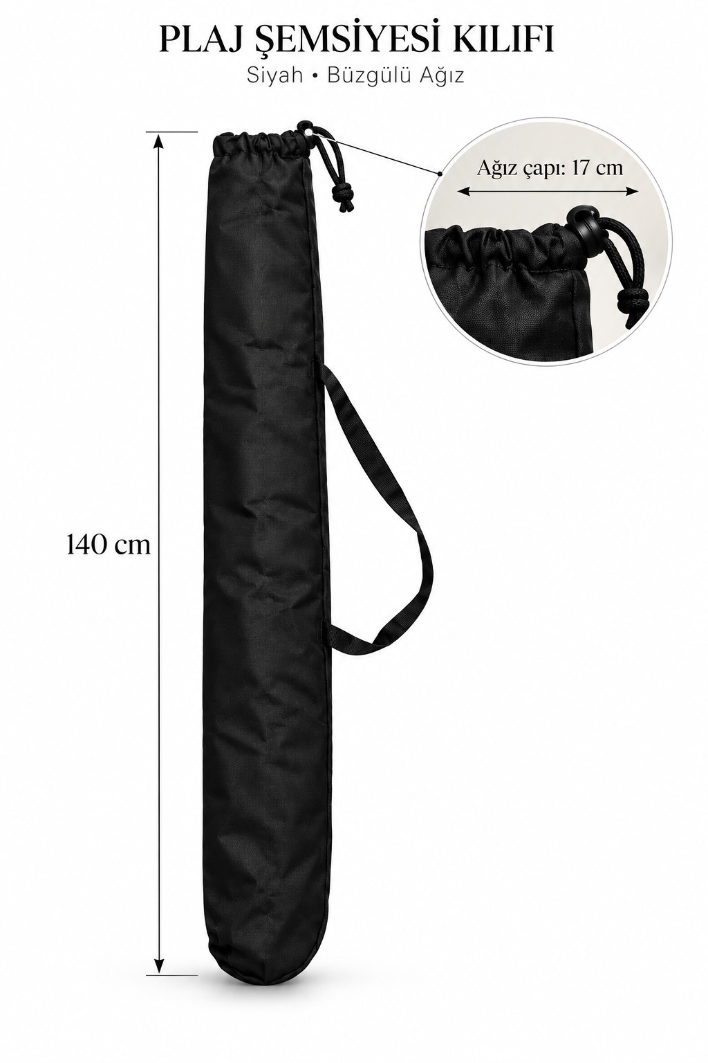Plaj Şemsiyesi Kılıfı 140 cm – Omuz Askılı, Büzgülü, Siyah