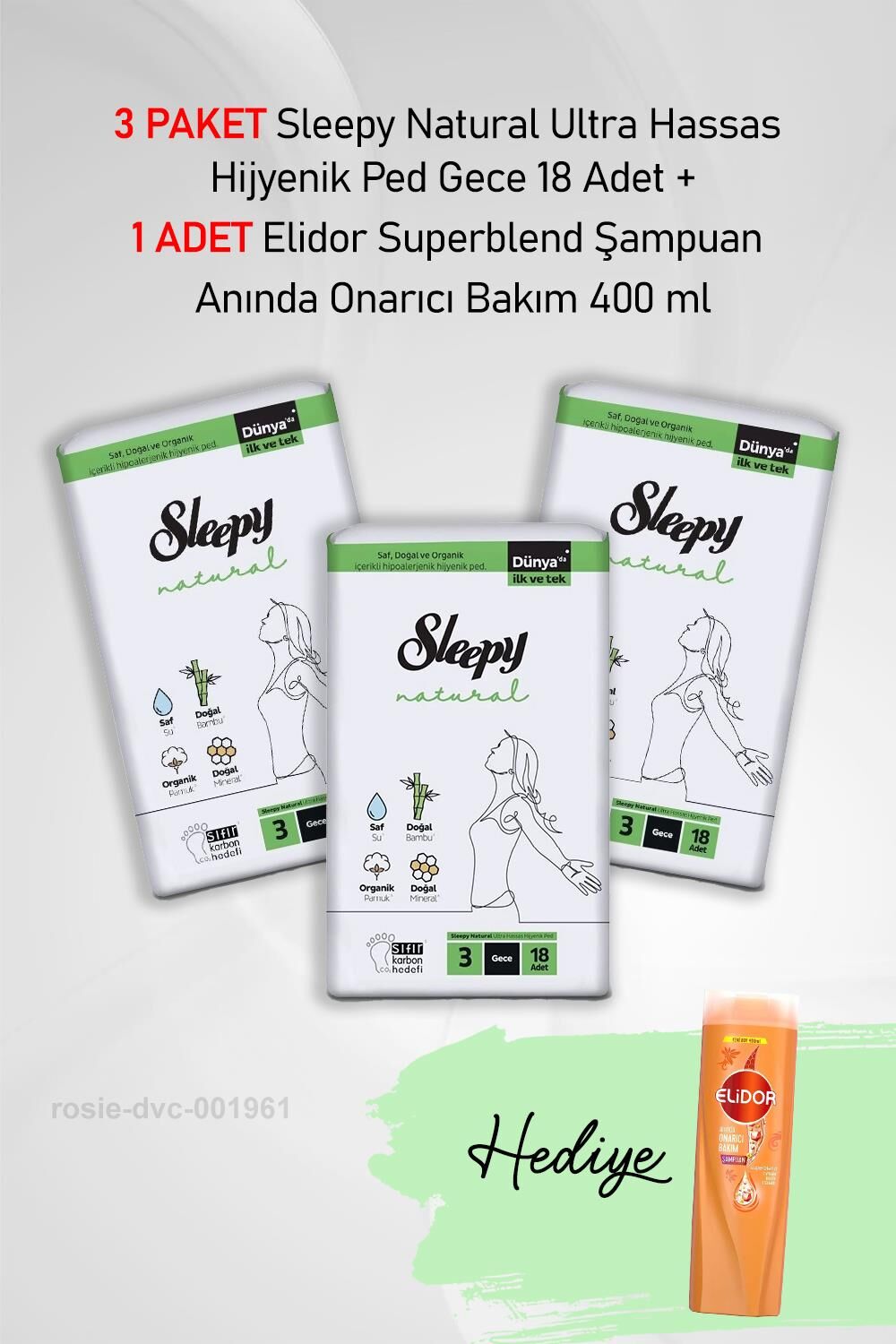 Sleepy Natural Hijyenik Ped Gece 18 Adet  X 3 ve Elidor Onarıcı Bakım 400 ml