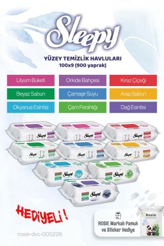 Sleepy 9 x 100 (900 yaprak) Yüzey Temizleme Ailesi ve Rosie pamuk hediye