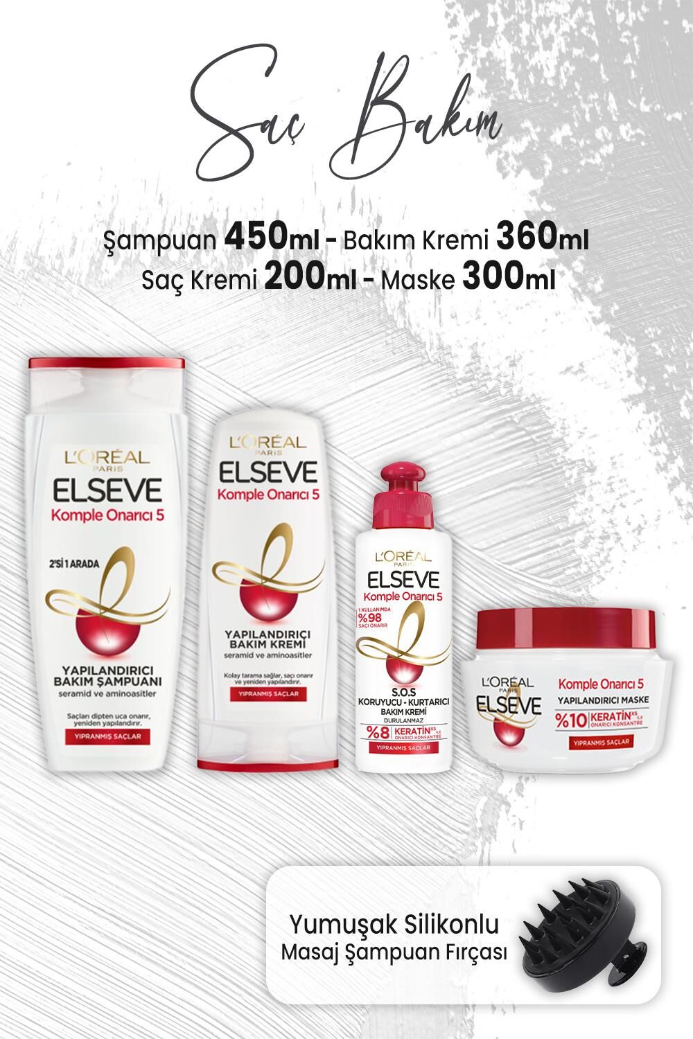 Elseve Komple Onarıcı 5 Yapılandırıcı Bakım Seti 1 ve Masaj Şampuan Fırçası Siyah