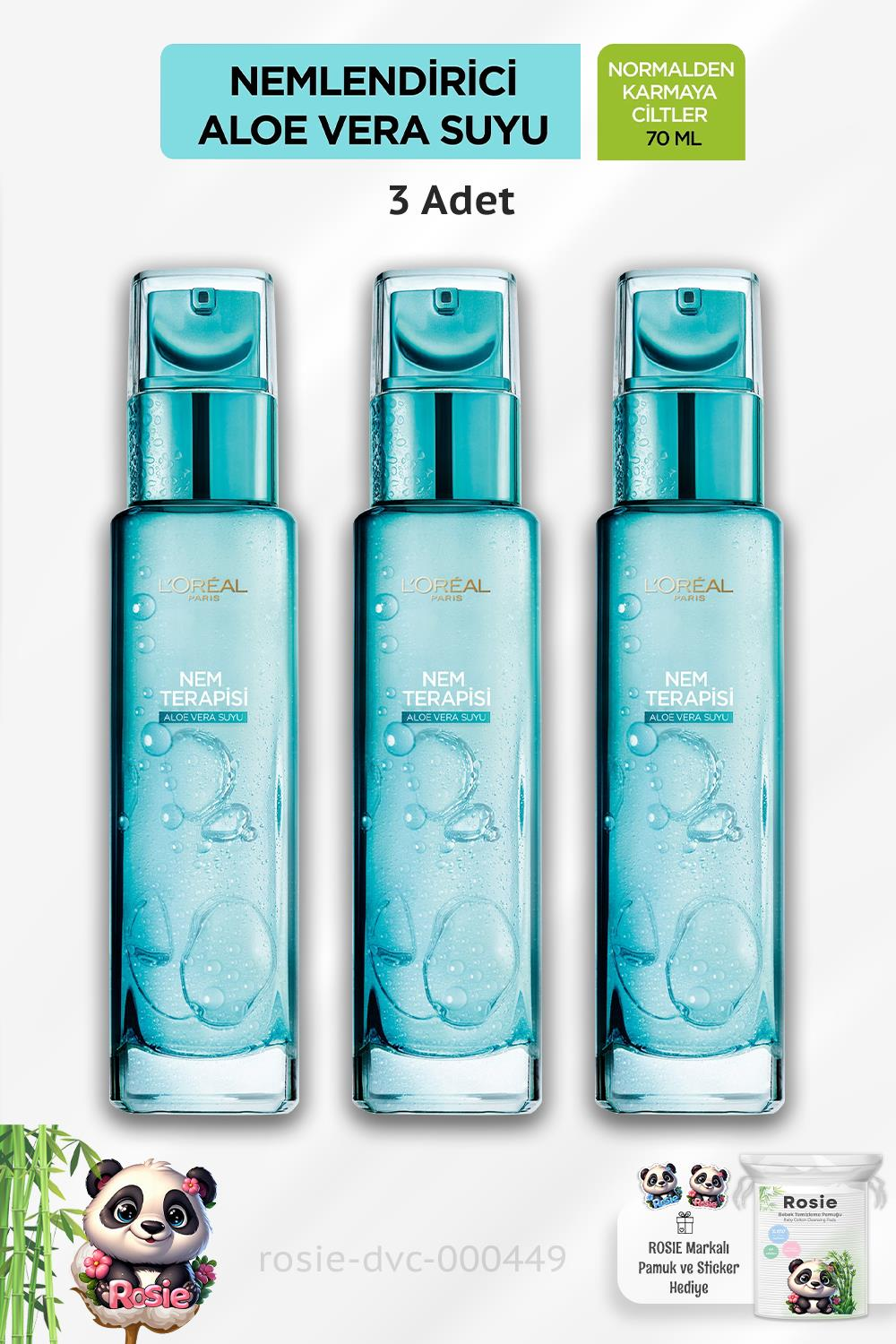 3 Adet Loreal Paris Aloe Vera Suyu Normalden Karmaya Ciltler 70 ml ve ROSIE