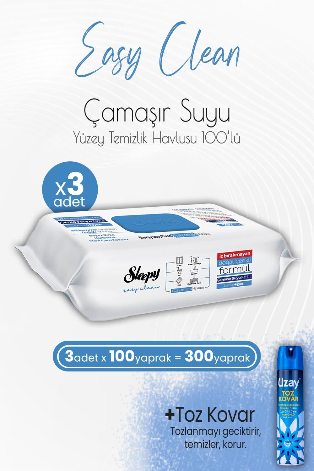 Sleepy Easy Clean Yüzey Temizlik Havlusu Çamaşır Suyu Katkılı 100' lü x 3 Adet ve Toz Kovar