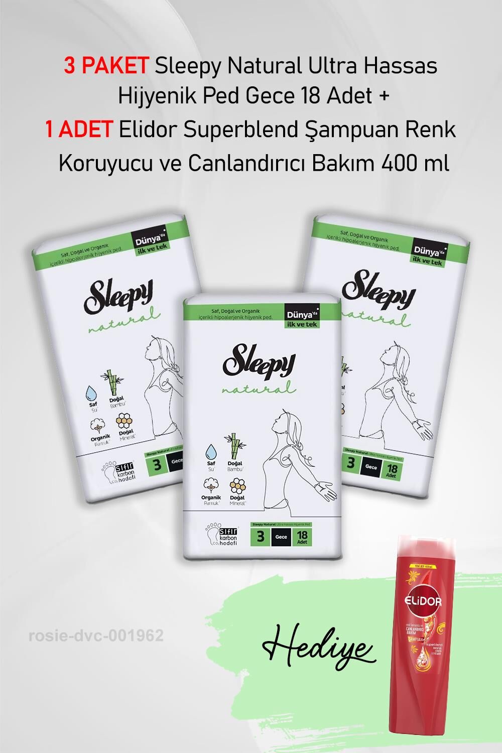 Sleepy Natural Hijyenik Ped Gece 18 Adet X 3 ve Hediye Elidor Koruyucu ve Canlandırıcı Bakım 400 ml