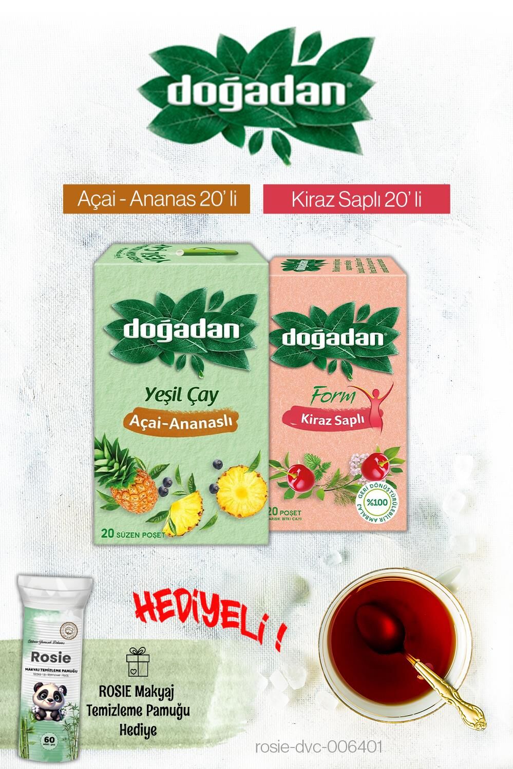 Doğadan Kiraz ve Açai Ananas Poşet Çay ve Rosie Hediyeli