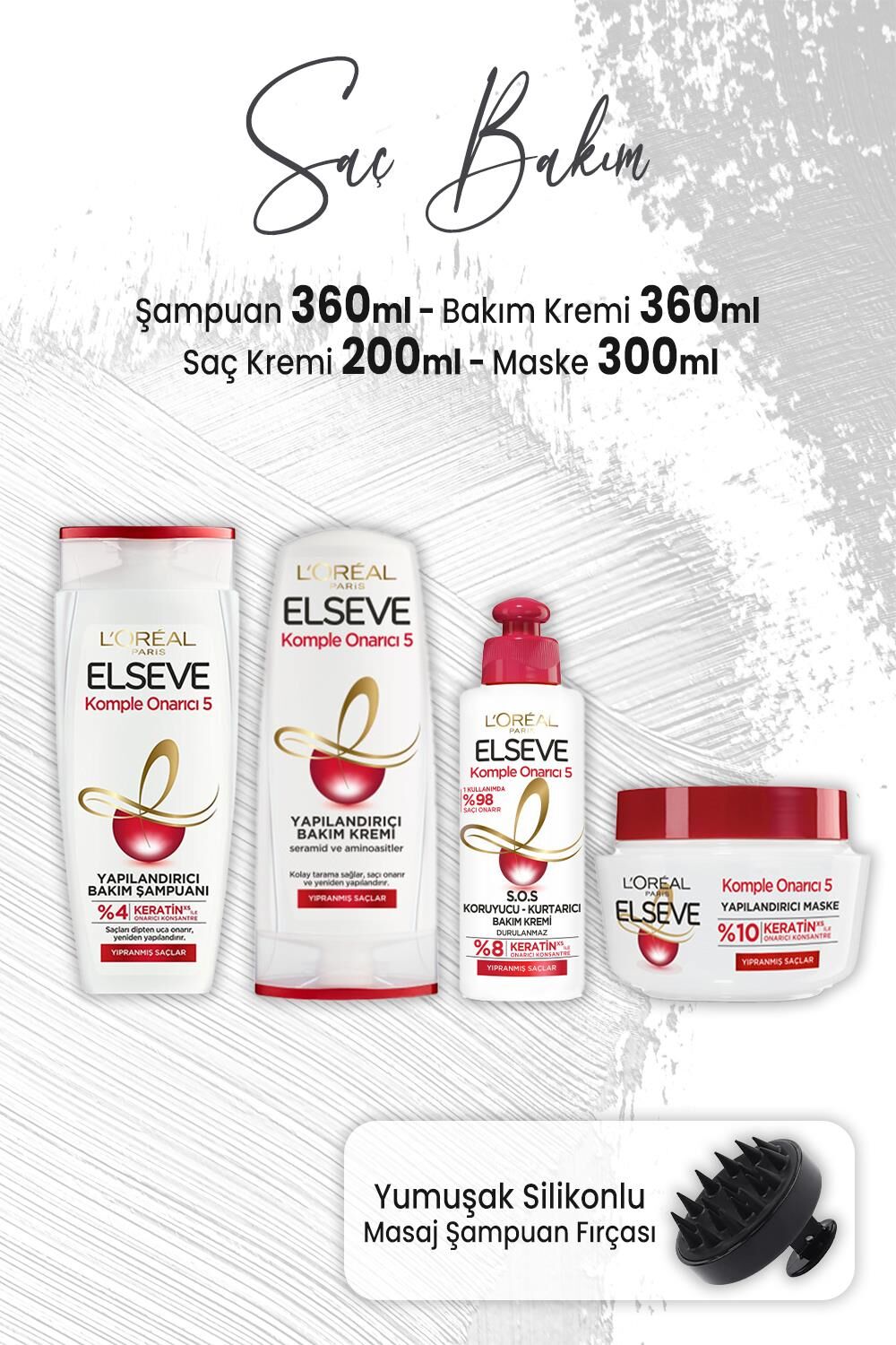 Elseve Komple Onarıcı 5 Yapılandırıcı Bakım Seti 2 ve Masaj Şampuan Fırçası Siyah