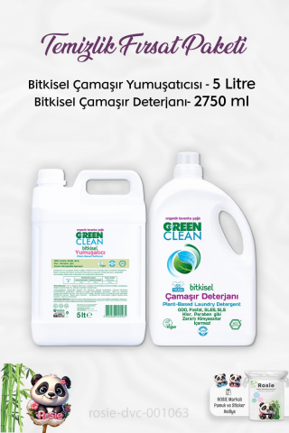 Green Clean Bitkisel Sıvı Çamaşır Deterjanı 2750 ml, Çamaşır Yumuşatıcısı 5 lt ve ROSIE