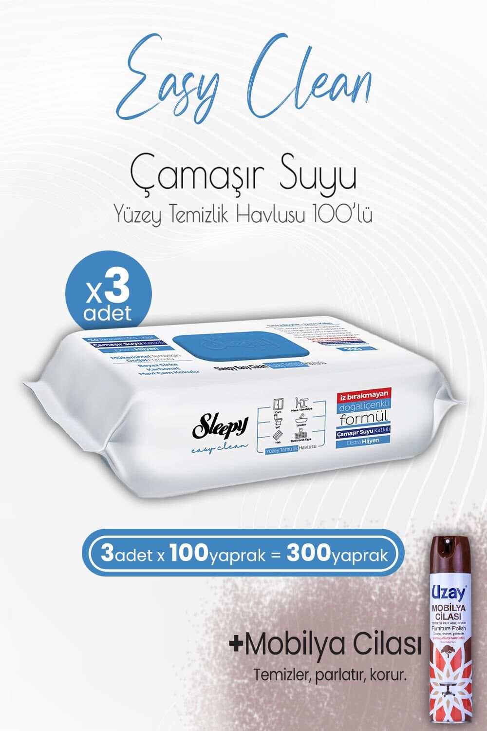 Sleepy Easy Clean Yüzey Temizlik Havlusu Çamaşır Suyu Katkılı 100' lü x 3 Adet ve Mobilya Cilası Sandalağacı