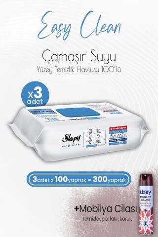 Sleepy Easy Clean Yüzey Temizlik Havlusu Çamaşır Suyu Katkılı 100' lü x 3 Adet ve Mobilya Cilası Sandalağacı