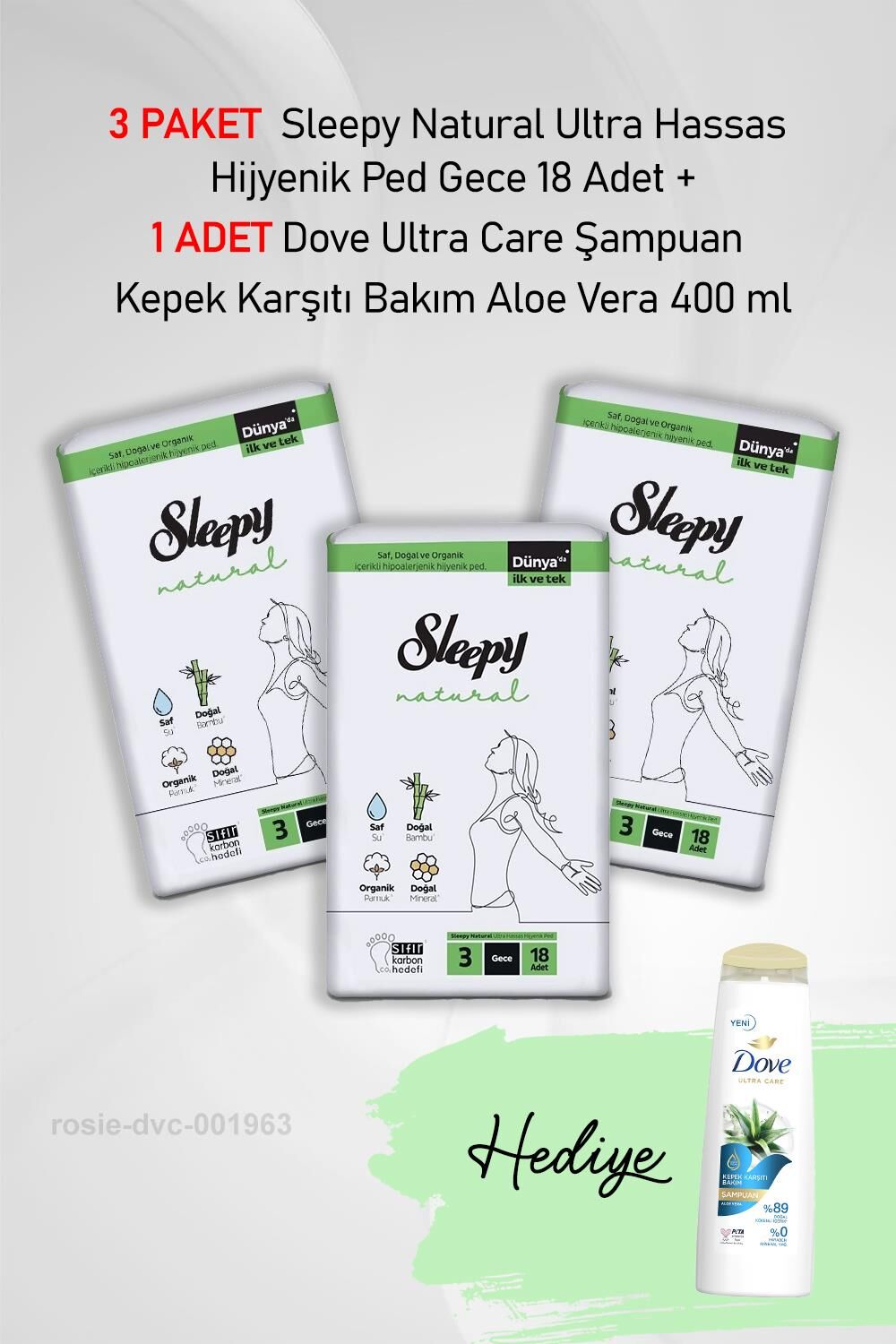Sleepy Natural Hijyenik Ped Gece 18 Adet X 3 ve Hediye Dove Aloe Vera 400 ml