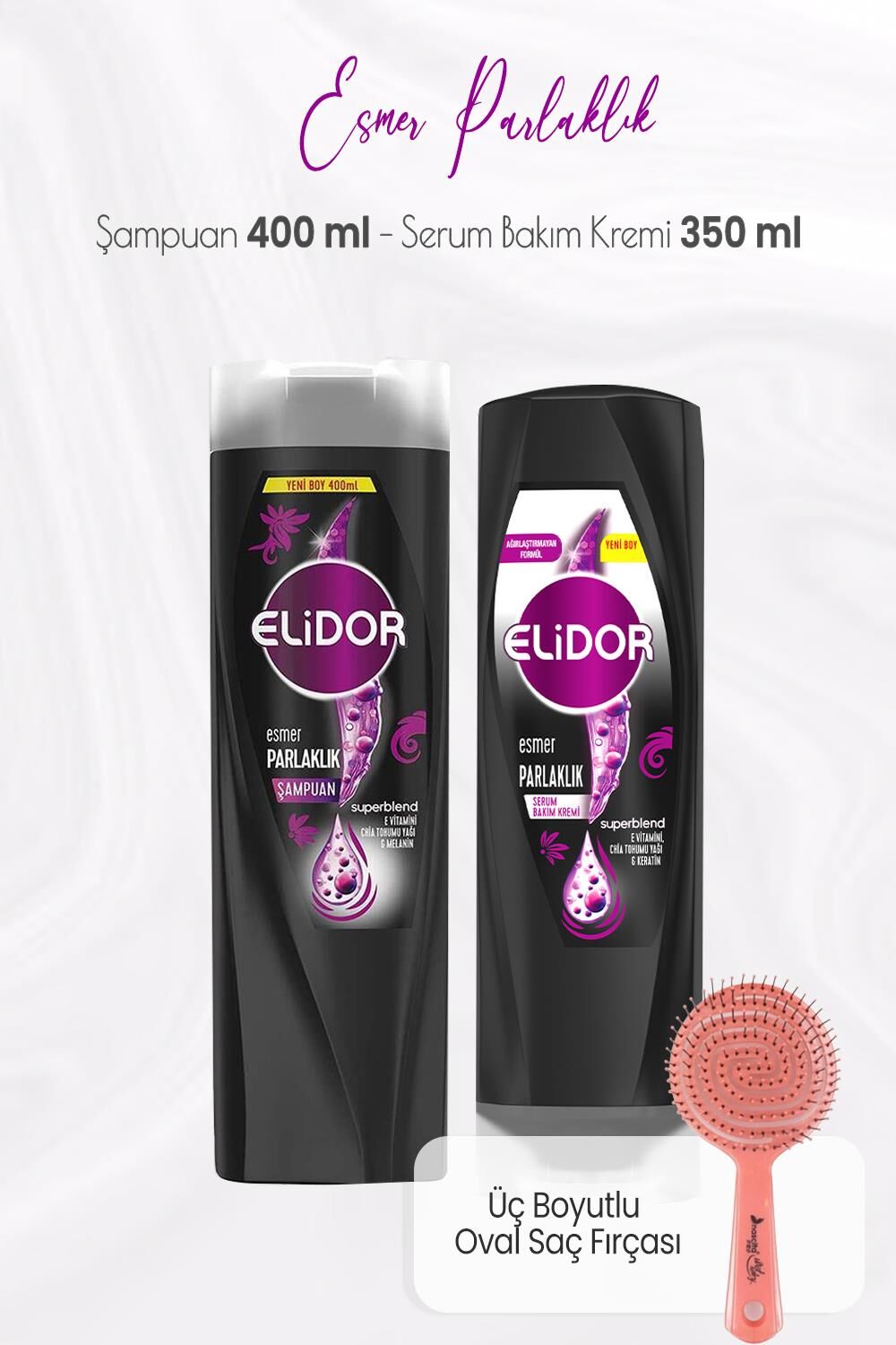 Elidor Superblend Esmer Parlaklık Şampuan 400 ml, Serum Bakım Kremi 350 ml ve Üç Boyutlu Oval Saç Fırçası