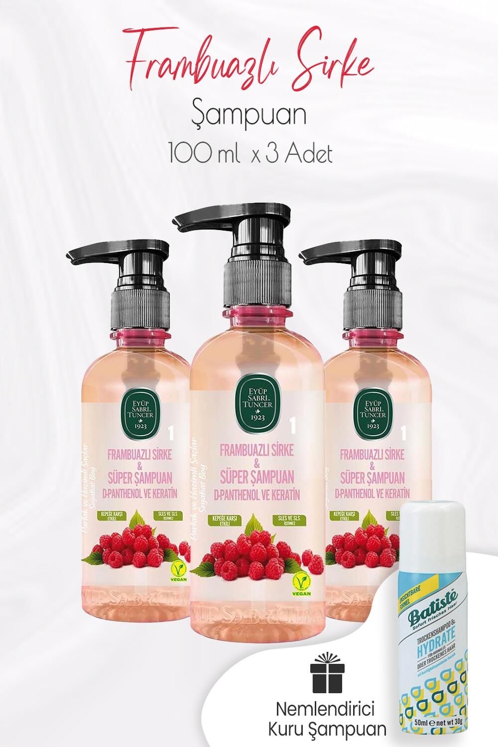 Eyüp Sabri Tuncer Sirke Şampuan Frambuazlı 100 ml x 3 Adet ve Kuru Şampuan 50 ml